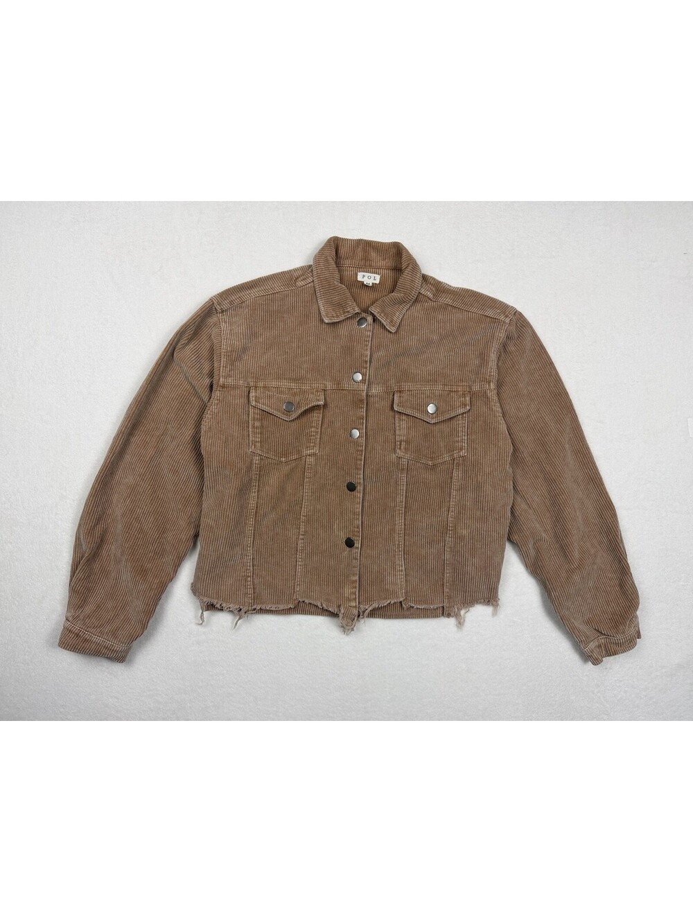 POL Cropped Corduroy Button Front Raw Hem Trucker Jacket Womens Medium Tan/Brown